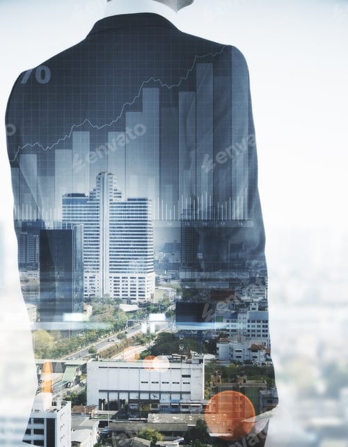 Preview: Unrecognizable Businessman On Abstract City Background With Business Chart. Finance Concept. Double