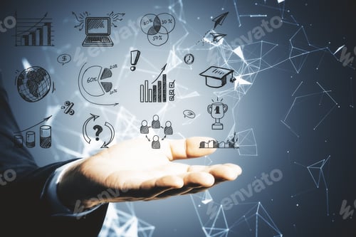 Preview: Businessman Hand Holding Drawing Charts And Graphs On Polygonal Background. Finance And Education