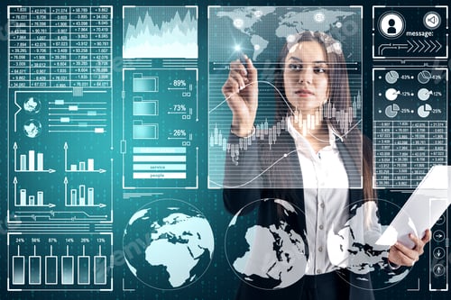 Preview: Attractive Young Businesswoman Using Abstract Digital Business Interface On Blurry Background