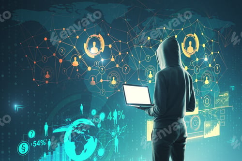 Preview: Side View Of Hacker Using Laptop With Glowing Business Interface. Social Network And Phishing
