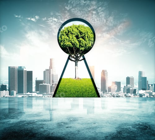 Preview: Abstract Keyhole With Green Tree View On City Background