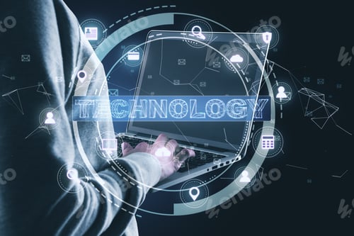 Preview: Hacker Using Laptop And Glowing Technology Interface. Global Business And Information Communication