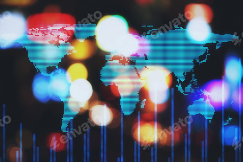 Preview: Digital Screen With Forex Graphs And World Map Blurred Lights At Background. Business Trading