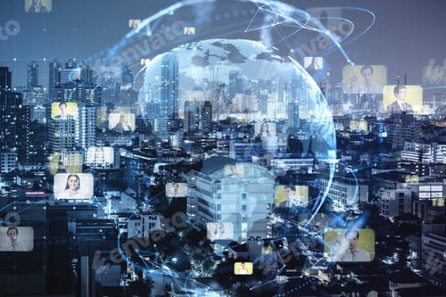 Preview: Creative Glowing Blue Globe Hologram With Faces On Blurry Night City Wallpaper. Hire, Alumni