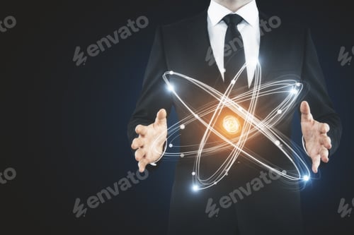 Preview: Unrecognizable Businessman Holding Abstract Glowing Atom. Innovation Concept