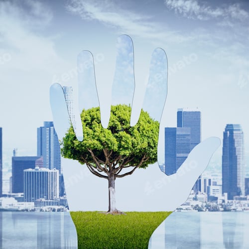 Preview: Abstract Image Of Hand With Green Landscape On City Background. Ecology Concept