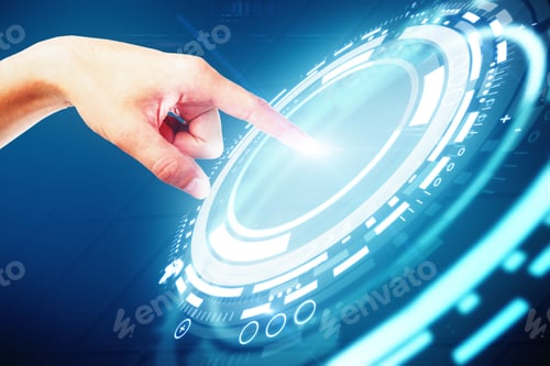 Preview: Close Up Of Hand Pressing Abstract Digital Button On Blue Background. Technology Concept
