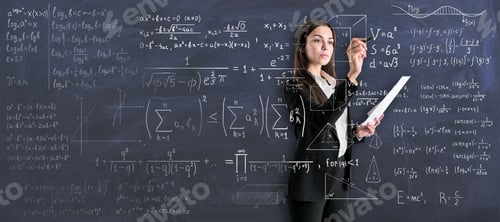 Preview: Studying Process With Young Woman In Black Suit Writing On Transparent Wall Math Calculations