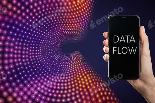 Preview: Close Up Of Hand Holding Smartphone With Text On Screen On Creative Big Data Flow Background