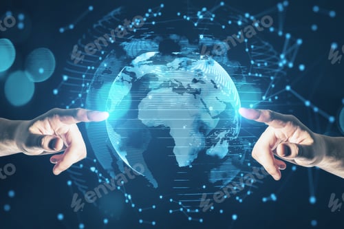 Preview: Close Up Of Businessmen Hands Pointing At Abstract Glowing Planet Hologram On Blurry Blue