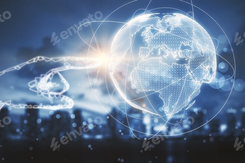 Preview: Hand Pointing At Glowing Polygonal Globe On Abstract City Background. Broadcast And Network Concept