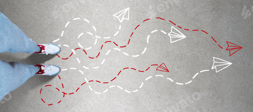 Preview: Top View Of Female Feet On Concrete Ground With Different Arrows. Direction, Choice And Solution