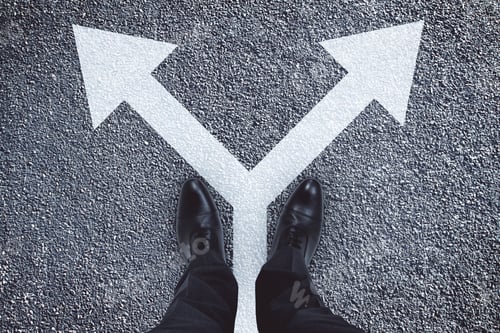 Preview: Top View Of Businessman Feet With Arrows On Concrete Background. Different Direction And Way Concept