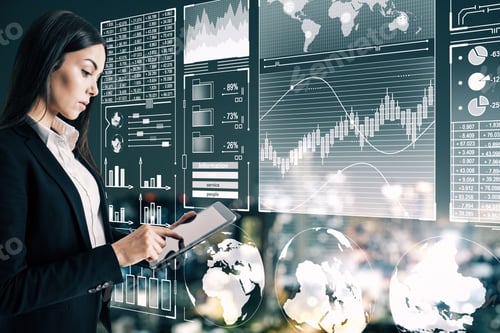 Preview: Pretty Young Businesswoman Using Tablet With Abstract Digital Business Interface On Blurry Night