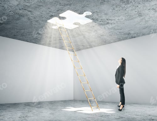 Preview: Businesswoman Looking On Stairway To Open Window In Form Puzzle To Light. Business And Challenge