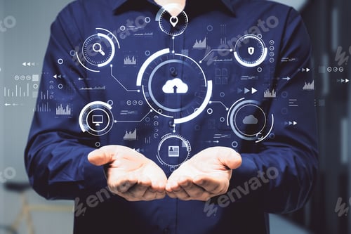 Preview: Man Hands Holding Abstract Business Interface On Blurry Background. Cloud Computing, Technology And