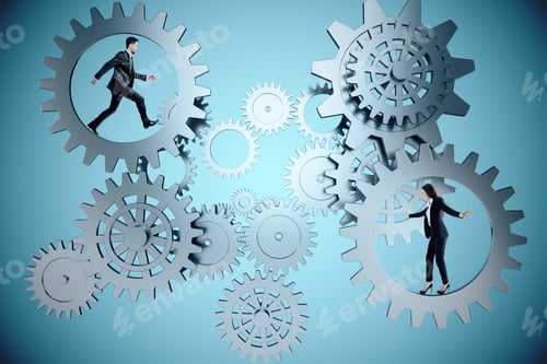 Preview: Businessman And Businesswoman Walking In Silver Cogs System. Business And Teamwork Concept.