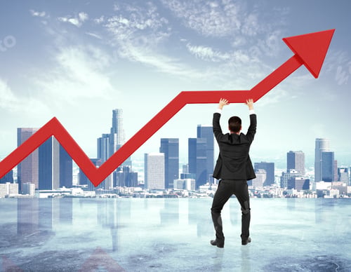Preview: Businessman Holding Big Red Arrow Up At City Background