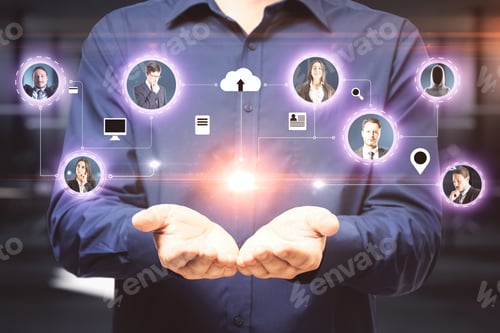 Preview: Businessman Hand Holding Glowing Distant Coworking Remote Work Interface. Remote Access Chain