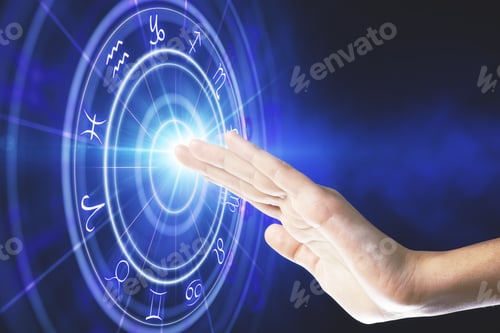 Preview: Hand With Abstract Blue Zodiac Wheel Background. Fortune Telling And Luck Concept.
