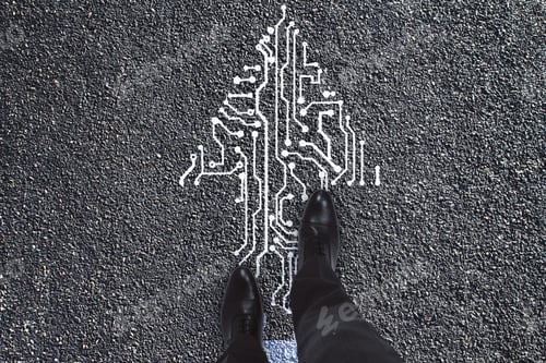 Preview: Top View Of Man Feet Standing On Abstract Circuit Arrow Sketch On Concrete Ground Background With