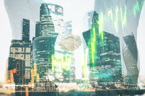 Preview: Business People Shaking Hands With Creative Stock Chart On Blurry City Backround. Teamwork, Money