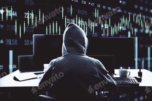 Preview: Unrecognizable Hacker Using Computer With Stock Chart. Hacking And Malware Concept
