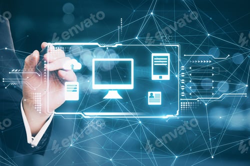 Preview: Hand With A Pen Touching A Hologram Desktop With Different Icons In It, Big Data And Technology