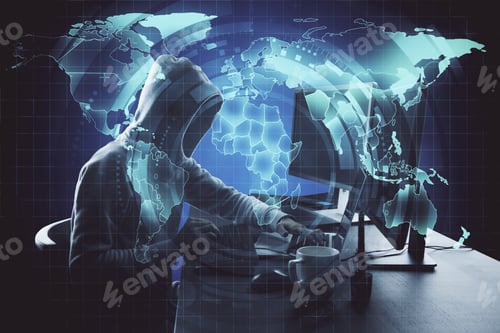Preview: Hacker Using Computer With Digital World Map Hologram. Hacking And Cyber Attack Concept. Double