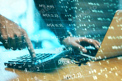 Preview: Hands Using Calculator And Laptop On Wooden Desktop With Abstract Mathematical Formulas Screen