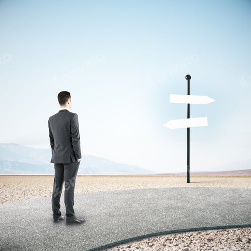 Preview: Young Businessman Standing On Road And Looking On Blank White Sign Post. Concept Of Choice And