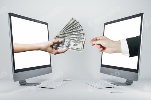 Preview: Hand Passes A Wad Of Dollars Through Computer Screens On White Background. Financial Success And