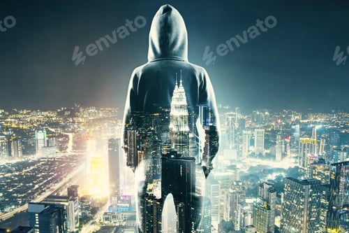 Preview: Back View Of Young Person In Hoodie On Glowing Night Kuala Lumpur City Background. Success