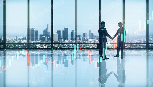 Preview: Businesspeople Shaking Hands In Modern Bright Office Interior With Glowing Forex Chart, Panoramic