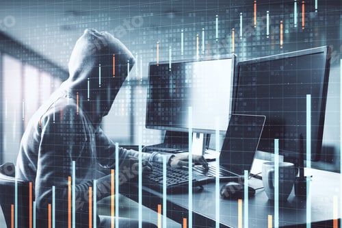 Preview: Hacker At Desktop Using Laptop Computer With Forex Chart On Blurry Office Interior Background