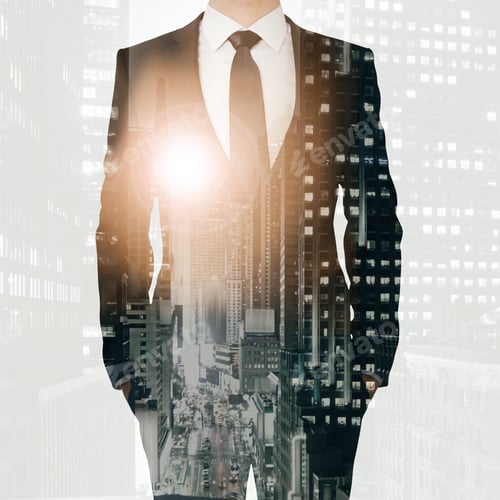 Preview: Businessman In Suit On Abstract City Background With Sunlight. Double Exposure