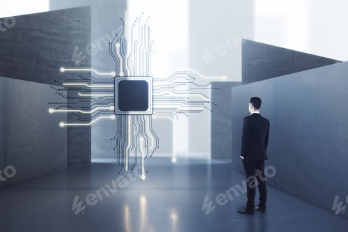 Preview: Attractive European Male Standing In Concrete Interior With Abstract Micro Chip And Mock Up Place