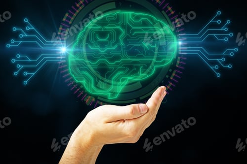 Preview: Hand Holding Abstract Brain Hologram On Black Background. Artificial Intelligence And Circuit