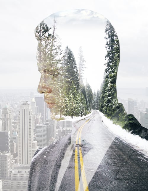 Preview: Side Portrait Of Man On Road, Landscape And City Background. Double Epxosure