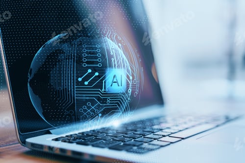 Preview: Close Up Of Laptop With Abstract Glowing Ai Sphere On Blurry Background. Artificial Intelligence