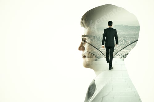 Preview: Businessman Head Silhouette On City Background. Teamwork And Communication Concept. Multiexposure