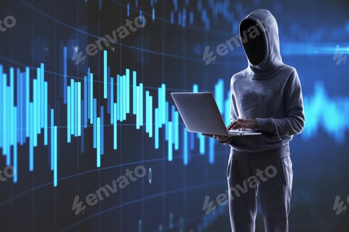 Preview: Hacker Using Laptop With Abstract Forex And Big Data Interface. Ai And Trade Concept. Multiexposure