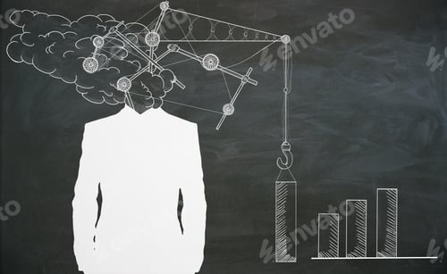 Preview: Abstract Drawn Crane Headed Businessman Silhouette On Blackboard Background. Imagination And