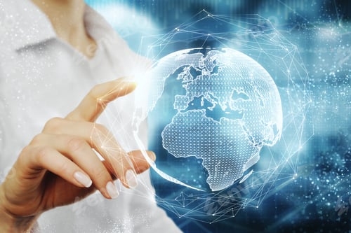 Preview: Close Up Of Hand Using Abstract Globe Hologram On Blurry Background. Cyberspace And Future Concept.