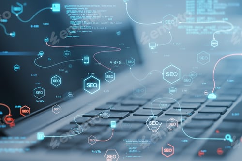 Preview: Close Up Of Laptop With Abstract Glowing Seo Interface With Icons On Blurry Background. Search