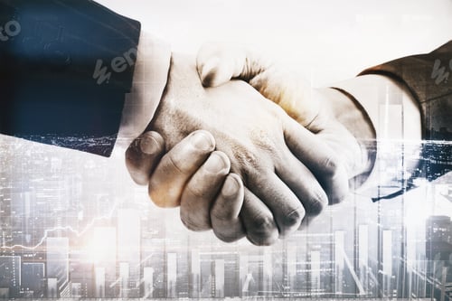 Preview: Businessmen Shaking Hands On Abstract City Background With Business Chart. Partnership Concept