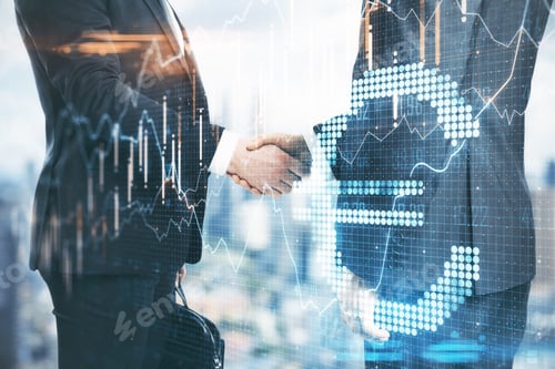 Preview: Businessmans Shaking Hands With Creative Stock Chart And Euro Symbol On Blurry City Backround