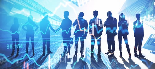 Preview: International Corporation Concept With Stock Market Chart Graphs On People Silhouettes Background