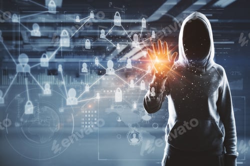 Preview: Unrecognizable Young Hacker With Digital Business Interface In Blurry Interior. Media And Hacking