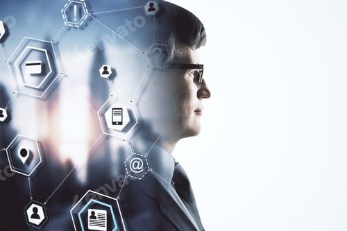 Preview: Businessman Silhouette And Online Computer Cloud Diagram On A Blurry City Background. Data